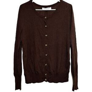 Trina Turk Cardigan Silk Sweater Knitted Long Sleeve Button Front Ribbed Brown M
